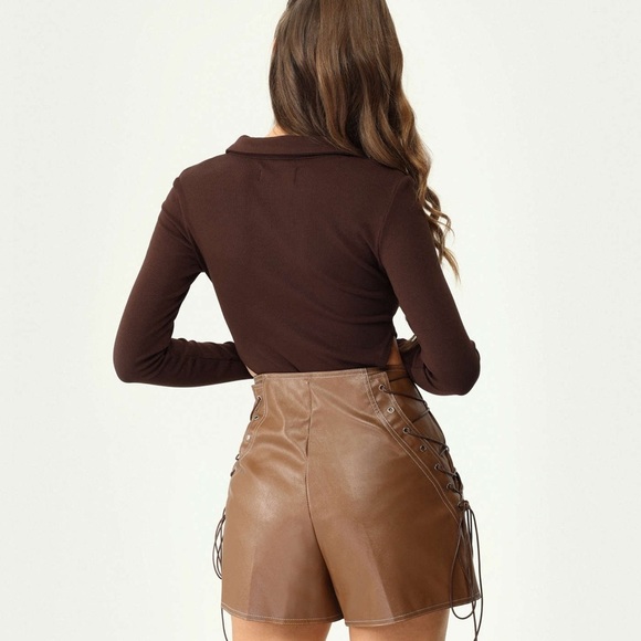 Cider Brown Long Sleeve Collared Bodysuit with High Thigh Cutout Detail - Picture 2 of 10